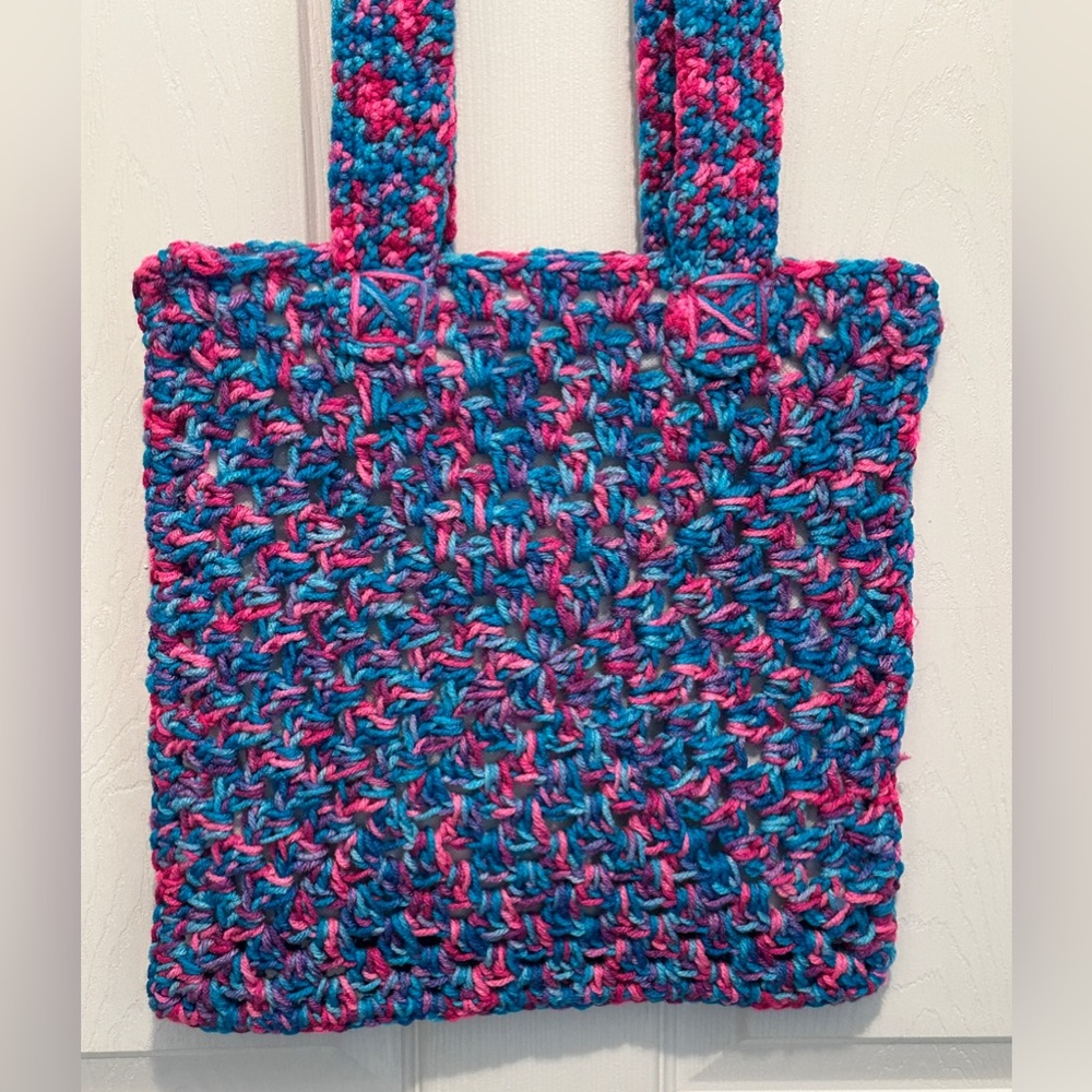 Hand Crafted Crochet Lined Shoulder Bag Crossbody Purse In Bright Pink & Blue